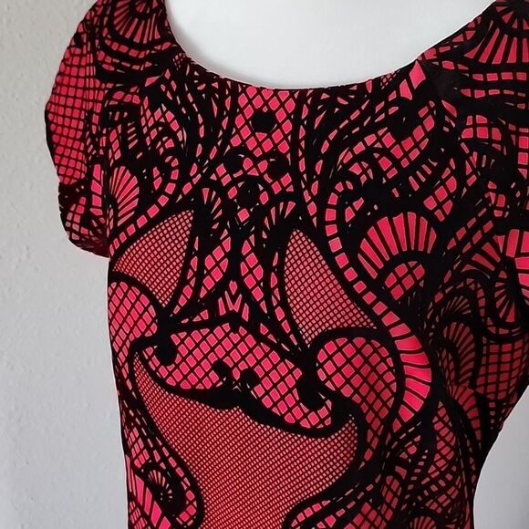 Worthington Midi Dress Red/ Black Velvet Lace Print - Picture 10 of 16